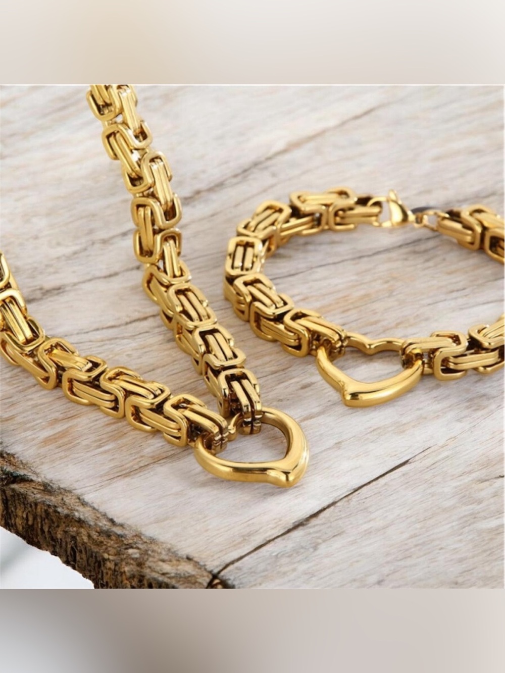 Gold Link Necklace and Bracelet Set with Heart Clasp stainless steel